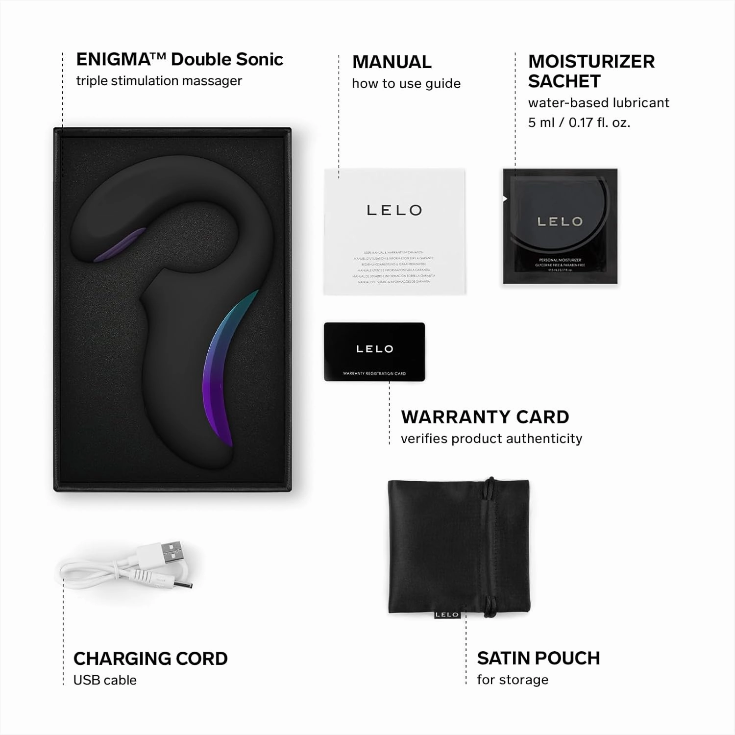 LELO Enigma Double Sonic Female Triple Stimulation Massager with Bluetooth App, 8 Pleasure Settings and 2 Extra Modes, Rabbit Sex Toy, Vaginal Vibrators, Black