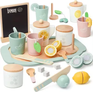 Lemonade Stand for Kids Tea Set Pretend Play Toys Tea Party Set Lemonade Stand Supplies No Assembly Required Non-Toxic Wooden Toys Tea Sets for Toddlers 3-5 Birthday Gift