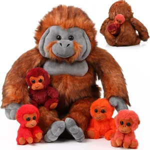 Lenwen 5 Pcs Plush Gorilla Orangutan Stuffed Animals Set 14 Inch Large Mommy Gorilla with 4 Baby Gorillas Zippered Gorilla Plushies for Birthday Gifts Forest Party Decor(Lovely Color)