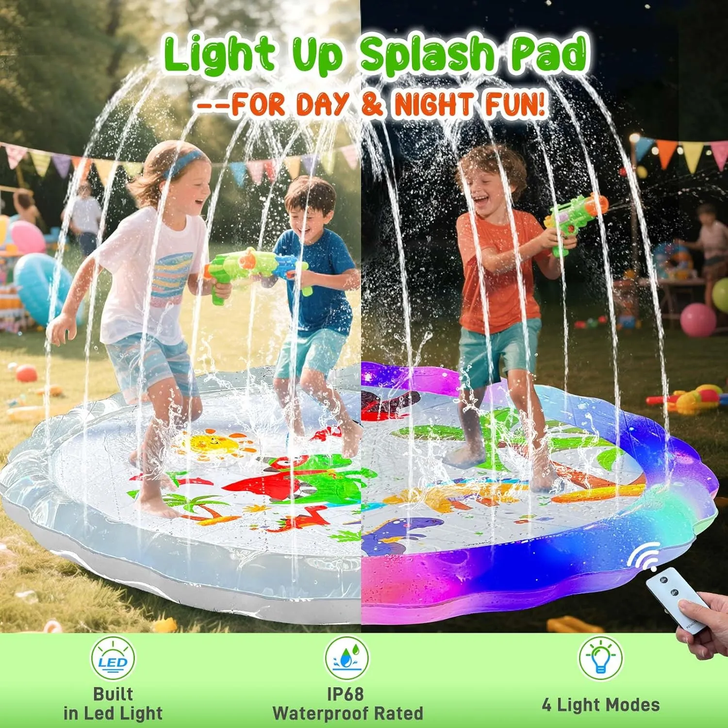 Light Up Splash Pad Sprinkler for Kids, 67" Splash Pads for Toddlers Outside Water Pad, Summer Outdoor Toys Sprinkler Play Mat for Babies, Children and Dogs, Day & Night Backyard Water Toys Gifts