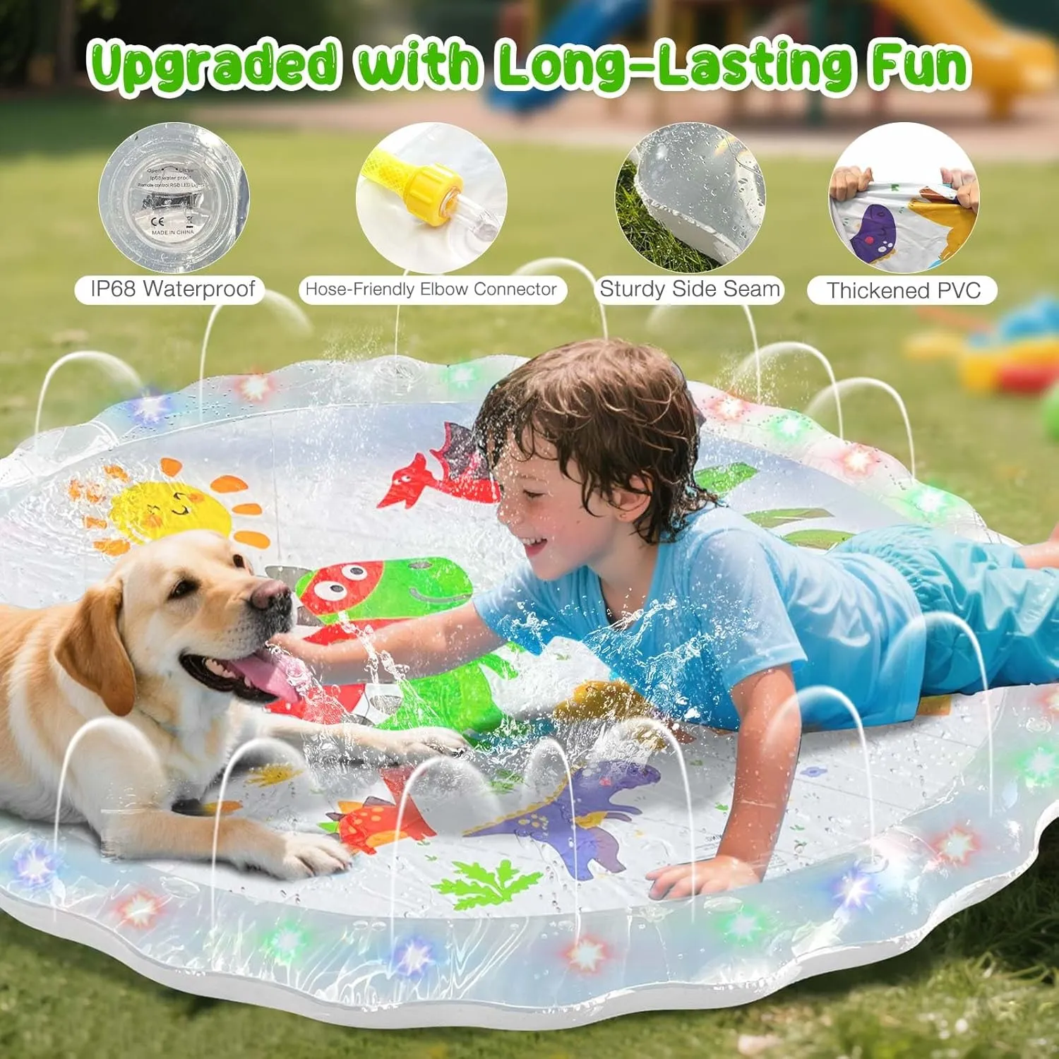 Light Up Splash Pad Sprinkler for Kids, 67" Splash Pads for Toddlers Outside Water Pad, Summer Outdoor Toys Sprinkler Play Mat for Babies, Children and Dogs, Day & Night Backyard Water Toys Gifts