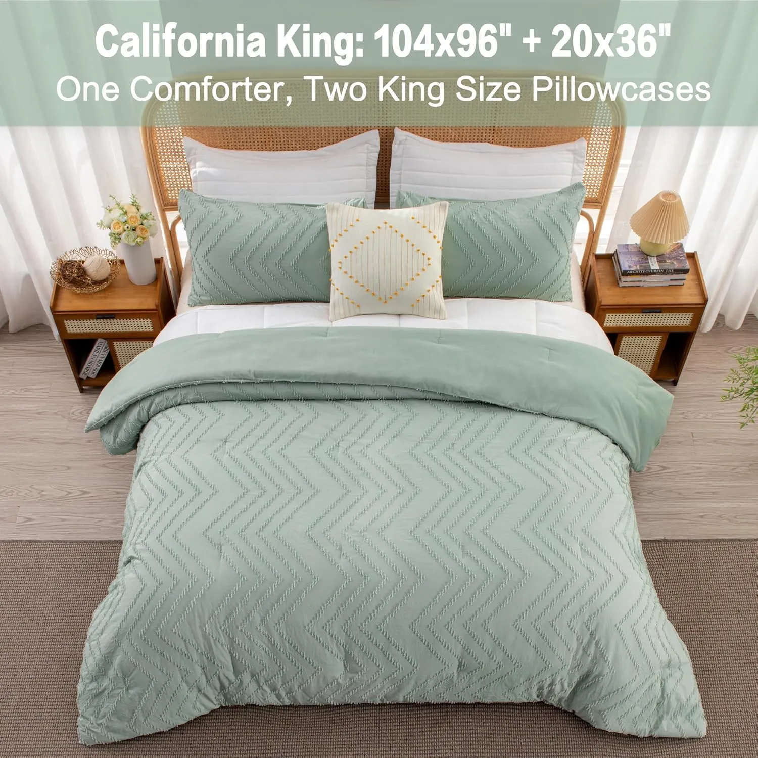 Litanika Sage Green California King Comforter Set, 3 Pieces Cal King Oversized Chevron Tufted Boho Bedding Comforter Sets, Fluffy Bed Set (104x96In Comforter & 2 Pillowcases)