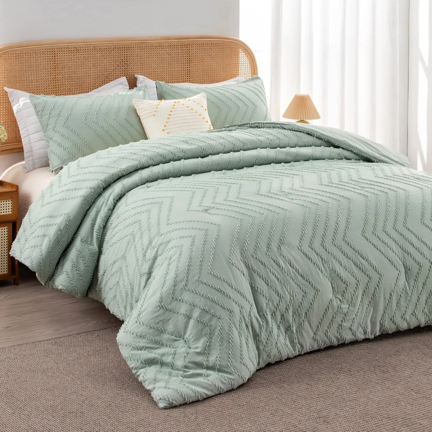 Litanika Sage Green California King Comforter Set, 3 Pieces Cal King Oversized Chevron Tufted Boho Bedding Comforter Sets, Fluffy Bed Set (104x96In Comforter & 2 Pillowcases)