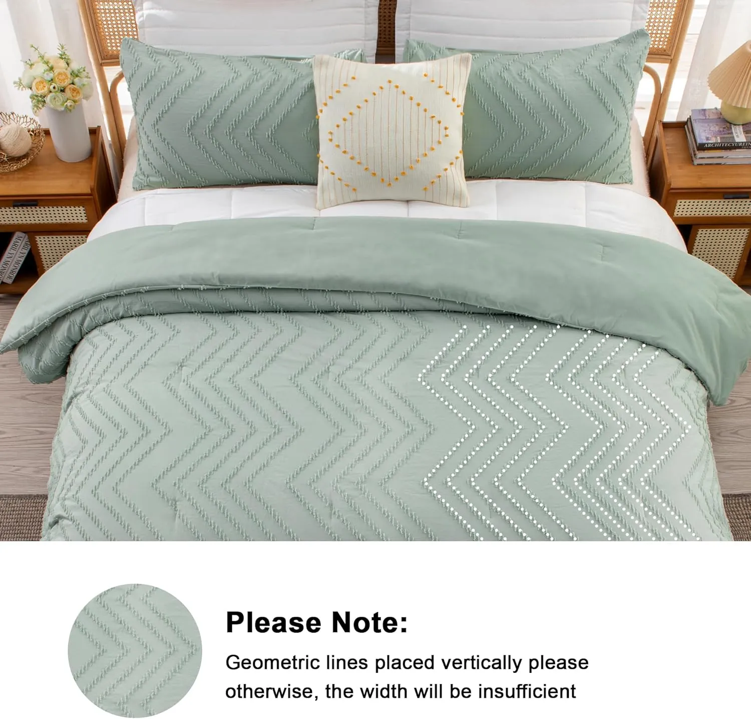 Litanika Sage Green California King Comforter Set, 3 Pieces Cal King Oversized Chevron Tufted Boho Bedding Comforter Sets, Fluffy Bed Set (104x96In Comforter & 2 Pillowcases)