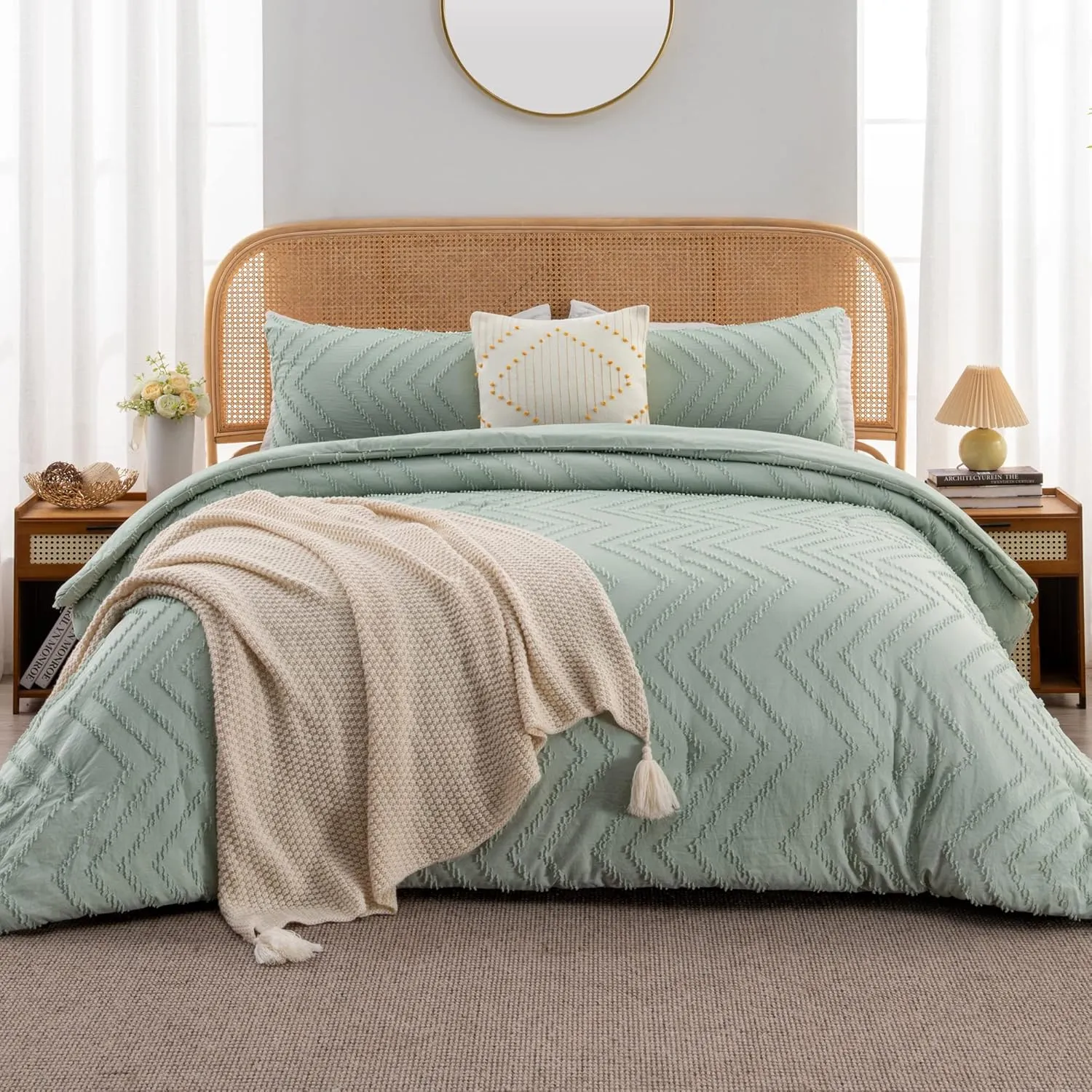 Litanika Sage Green California King Comforter Set, 3 Pieces Cal King Oversized Chevron Tufted Boho Bedding Comforter Sets, Fluffy Bed Set (104x96In Comforter & 2 Pillowcases)