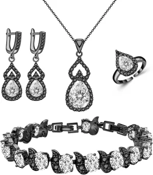 LMXXVJ Women Jewelry Set Platinum Plated Necklace Open Ring Earrings Bracelet Set,Birthday/Anniversary Mother’s Day Jewelry Gifts for Mom/Wife/Sister/Best Friend