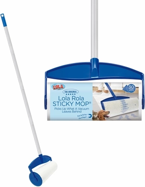 Lola Rola Sticky Mop, Giant Floor Lint Roller, 9" W x 3.5" Dia., Best Pet Hair Remover, Traps Dust, Dirt & Hair on Carpet, 30 Large Adhesive Sheets