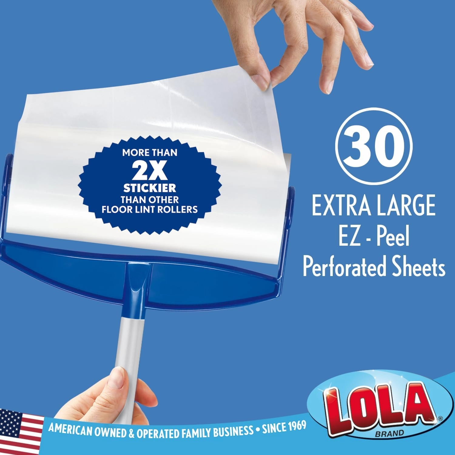 Lola Rola Sticky Mop, Giant Floor Lint Roller, 9" W x 3.5" Dia., Best Pet Hair Remover, Traps Dust, Dirt & Hair on Carpet, 30 Large Adhesive Sheets