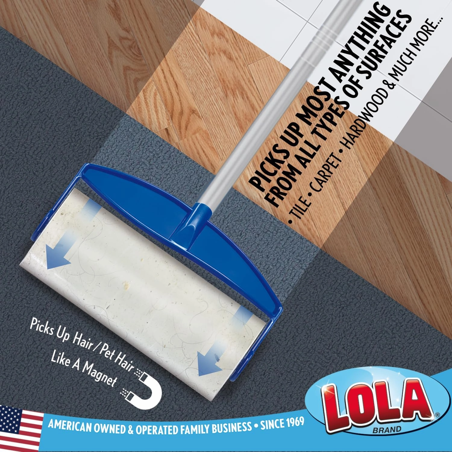 Lola Rola Sticky Mop, Giant Floor Lint Roller, 9" W x 3.5" Dia., Best Pet Hair Remover, Traps Dust, Dirt & Hair on Carpet, 30 Large Adhesive Sheets
