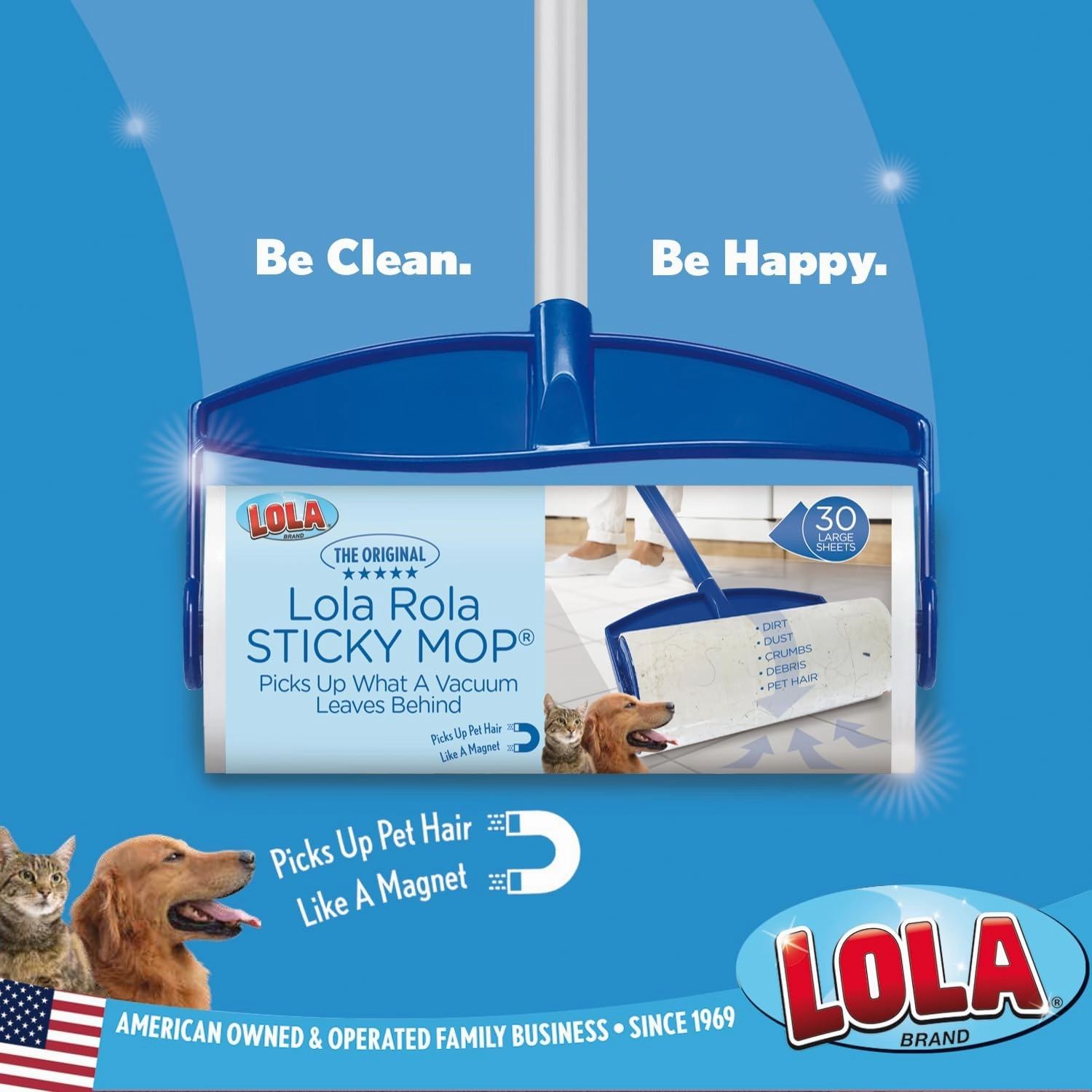 Lola Rola Sticky Mop, Giant Floor Lint Roller, 9" W x 3.5" Dia., Best Pet Hair Remover, Traps Dust, Dirt & Hair on Carpet, 30 Large Adhesive Sheets