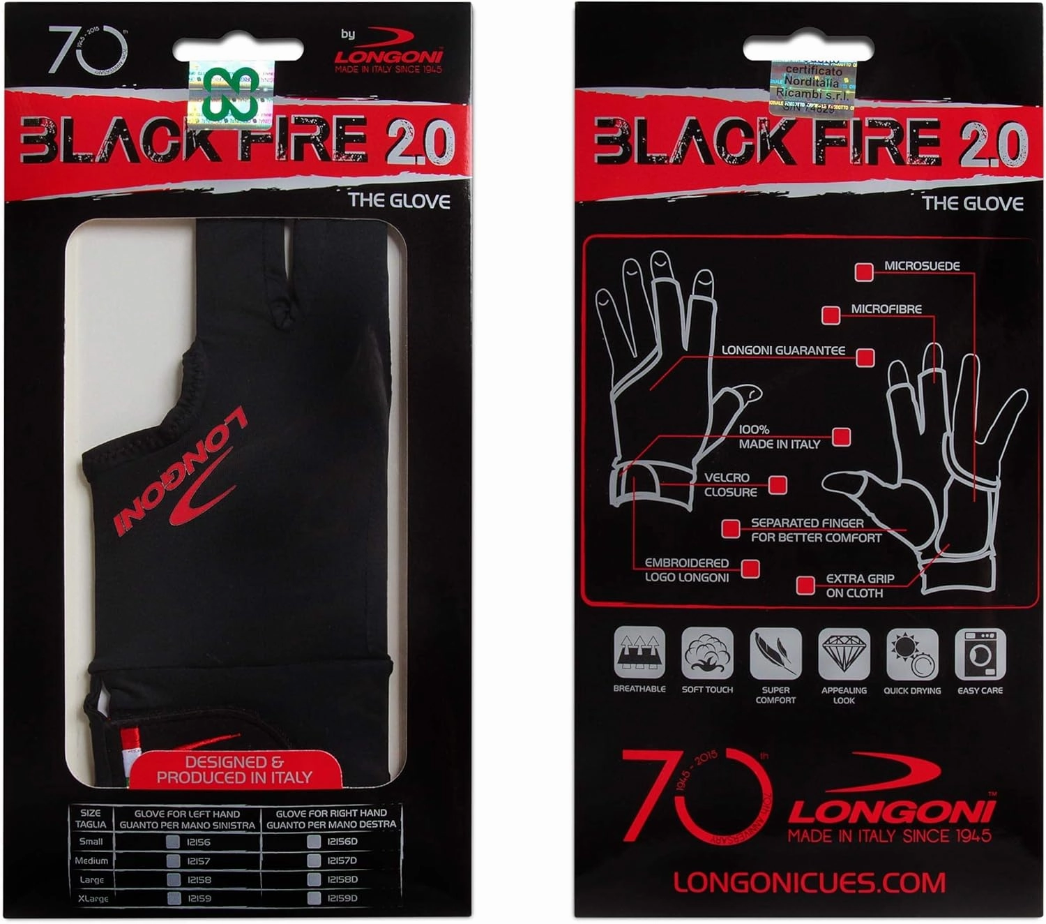 Longoni Black Fire 2.0 Billiard Pool CUE Glove - for Left or Right Hand - Black