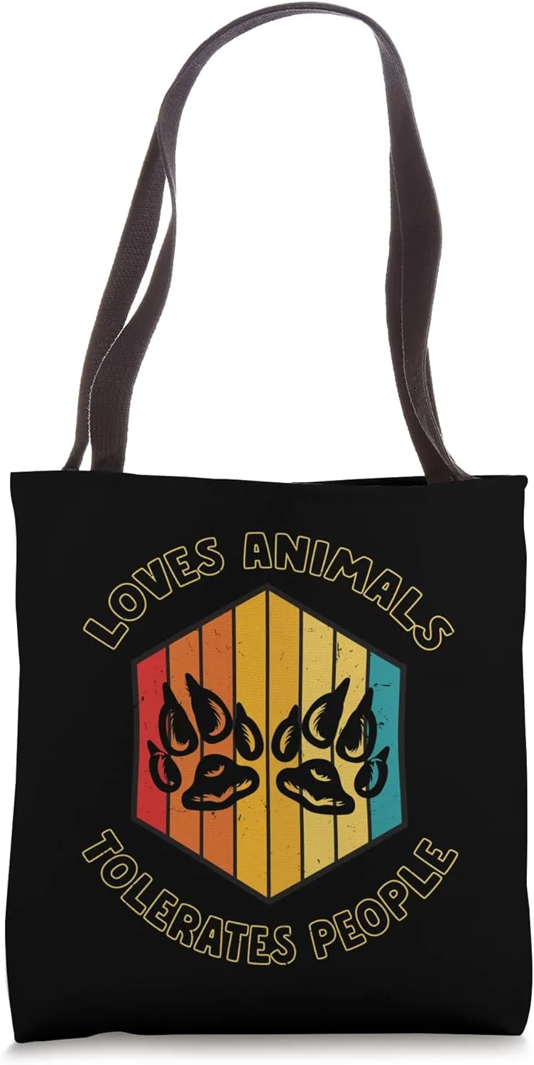 Loves Animals Tolerates People Funny Animal Lover Retro Tote Bag