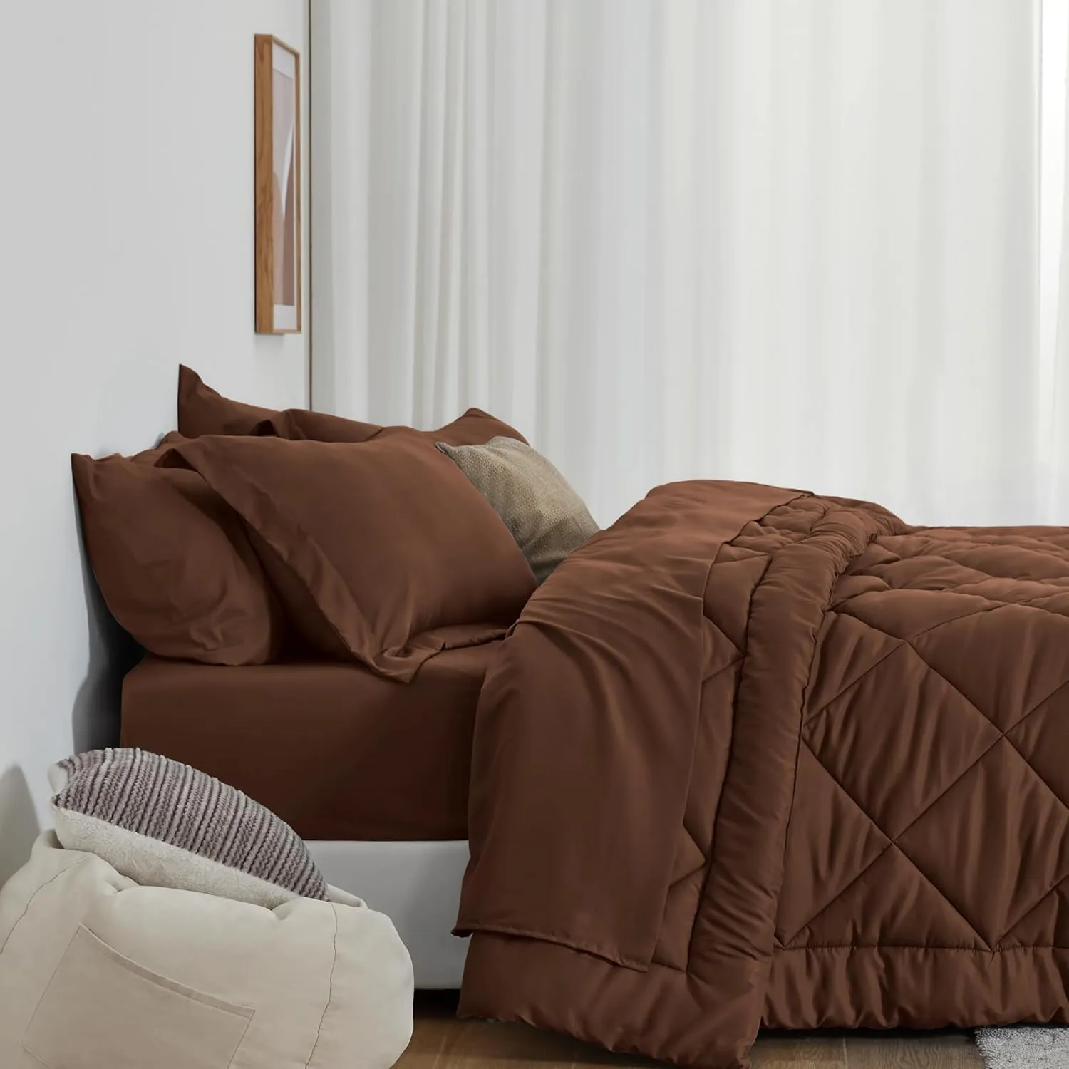 Love's cabin Twin Comforter Set Brown, 5 Pieces Twin Bed in a Bag, All Season Bedding Sets with 1 Comforter, 1 Flat Sheet, 1 Fitted Sheet, 1 Pillowcase and 1 Pillow Sham