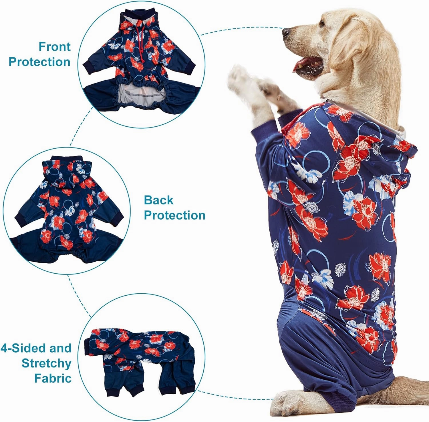 LovinPet Big Dogs Breeds Jammies, Wound Care/Post Surgery clothes, Pet Anxiety Onesies for Dogs, Lightweight stretchy, Large Breed Dog Pajamas, Reflective Stripe, Floral Navy & Red Print,Pet Pj's /3XL