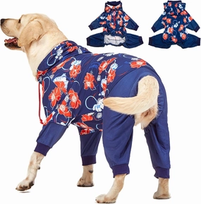 LovinPet Big Dogs Breeds Jammies, Wound Care/Post Surgery clothes, Pet Anxiety Onesies for Dogs, Lightweight stretchy, Large Breed Dog Pajamas, Reflective Stripe, Floral Navy & Red Print,Pet Pj's /3XL