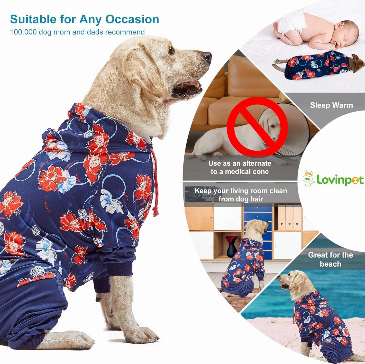 LovinPet Big Dogs Breeds Jammies, Wound Care/Post Surgery clothes, Pet Anxiety Onesies for Dogs, Lightweight stretchy, Large Breed Dog Pajamas, Reflective Stripe, Floral Navy & Red Print,Pet Pj's /3XL