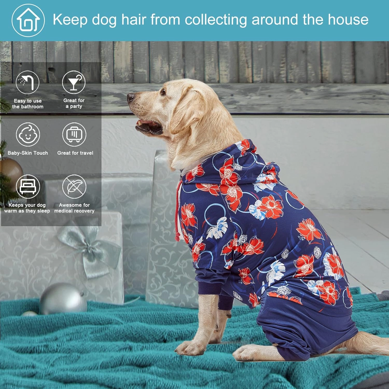 LovinPet Big Dogs Breeds Jammies, Wound Care/Post Surgery clothes, Pet Anxiety Onesies for Dogs, Lightweight stretchy, Large Breed Dog Pajamas, Reflective Stripe, Floral Navy & Red Print,Pet Pj's /3XL