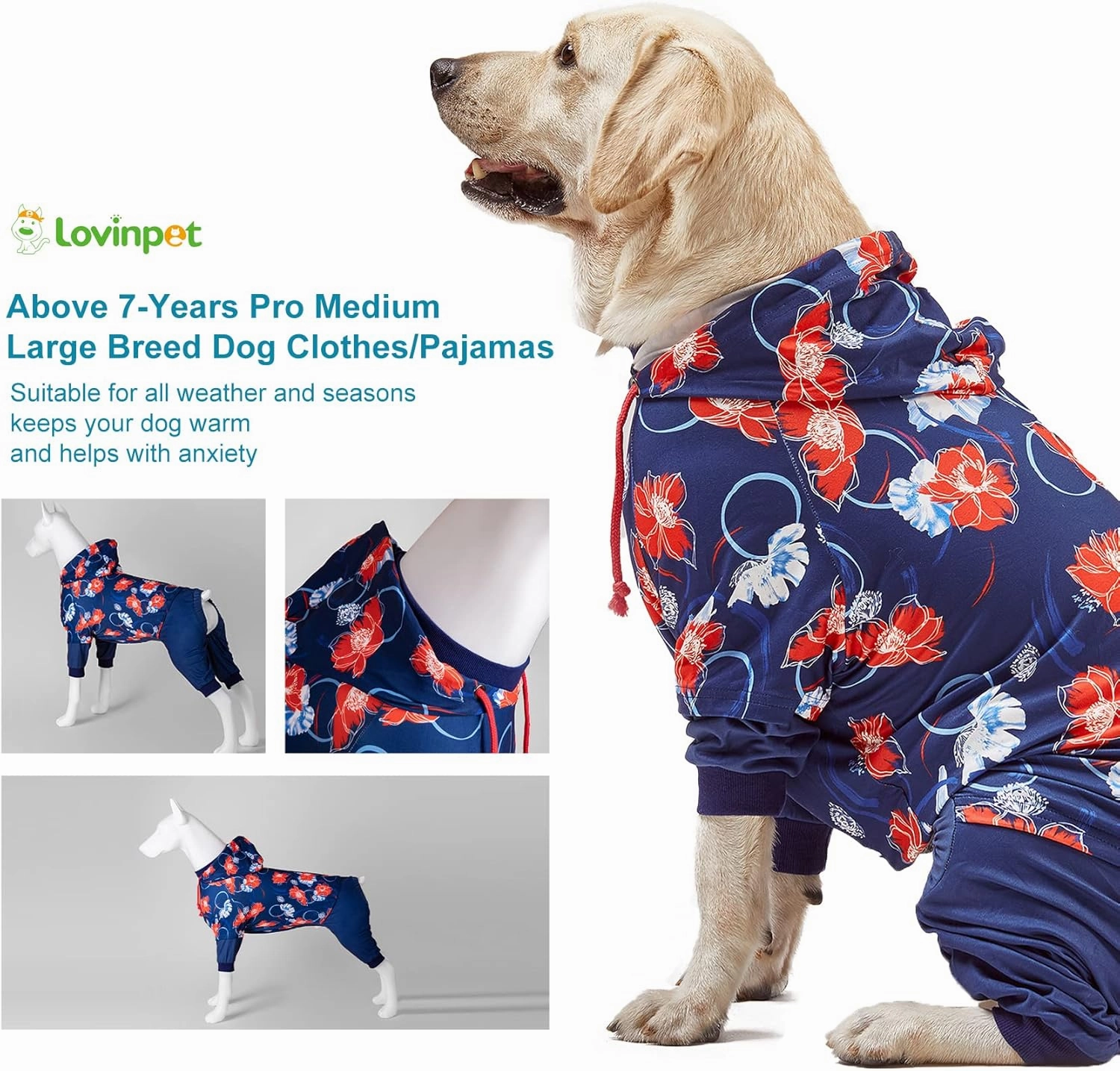 LovinPet Big Dogs Breeds Jammies, Wound Care/Post Surgery clothes, Pet Anxiety Onesies for Dogs, Lightweight stretchy, Large Breed Dog Pajamas, Reflective Stripe, Floral Navy & Red Print,Pet Pj's /3XL