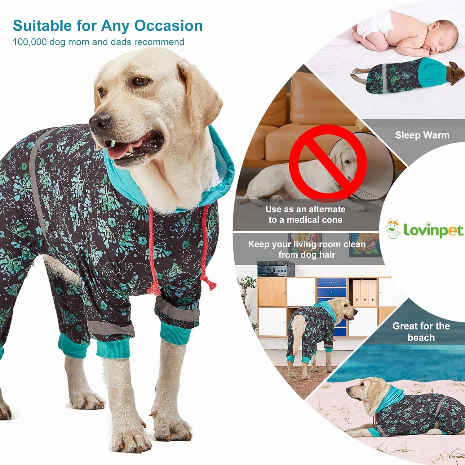 LovinPet Large Breed Dog Onesie Pajamas - UV & Wound Care, Dog Anxiety Relief, Dog Jammies, Reflective Stripe, Butterflies and Rings Black/Green Print, Post Surgery Pet PJ's/XL