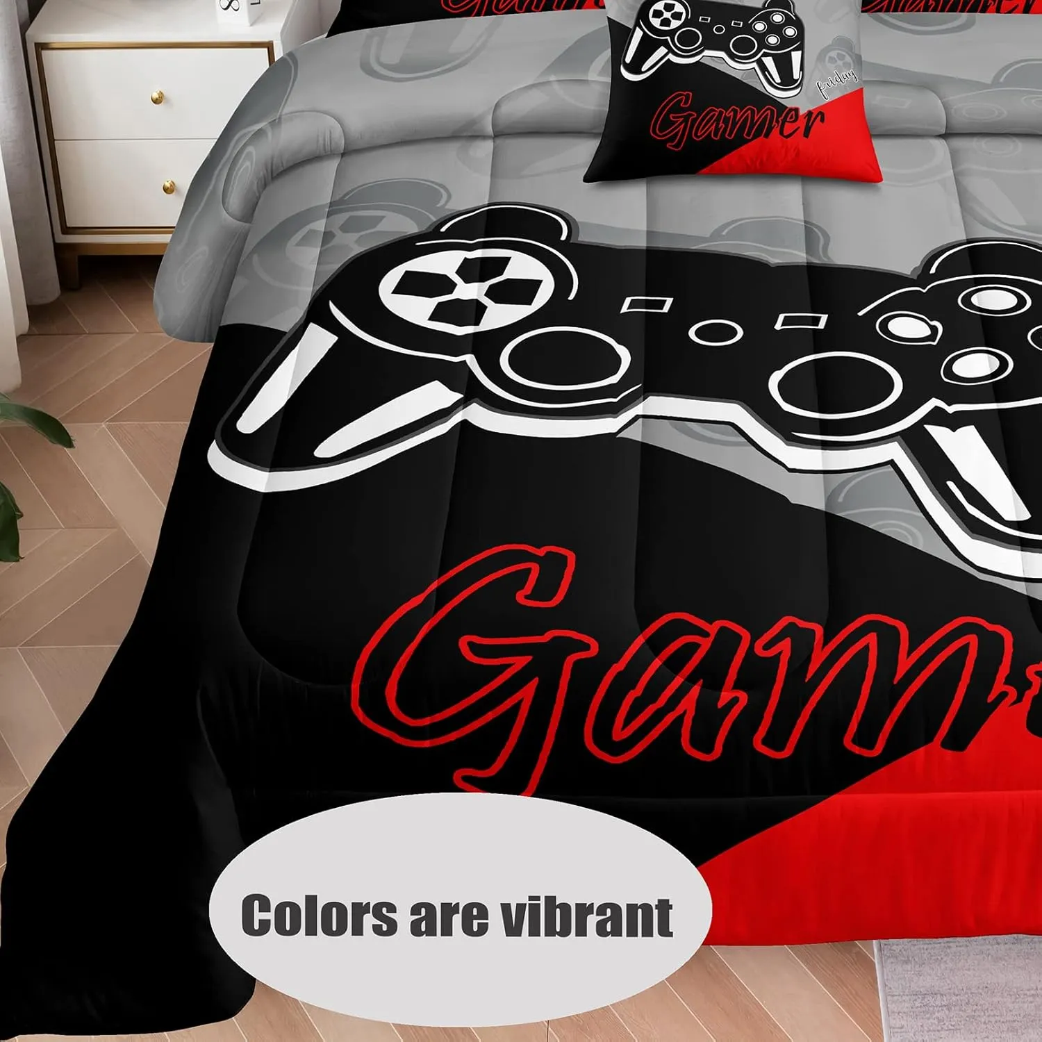 lris Bedding Queen Gamer Comforter Sets for Boys,5 Piece Bed in A Bag Gaming Bedding Set for Kids,Game Console Pattern Bed Set with Flat Sheet,Fitted Sheet,Pillowcases,Cushion Cover