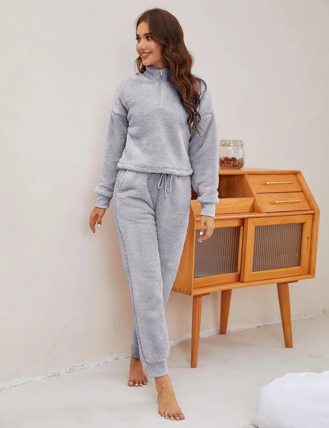 LTSCNRM Womens Fuzzy Pajamas Sets Lounge Fluffy Fleece Sleepwear Zip Up Pullover Pockets