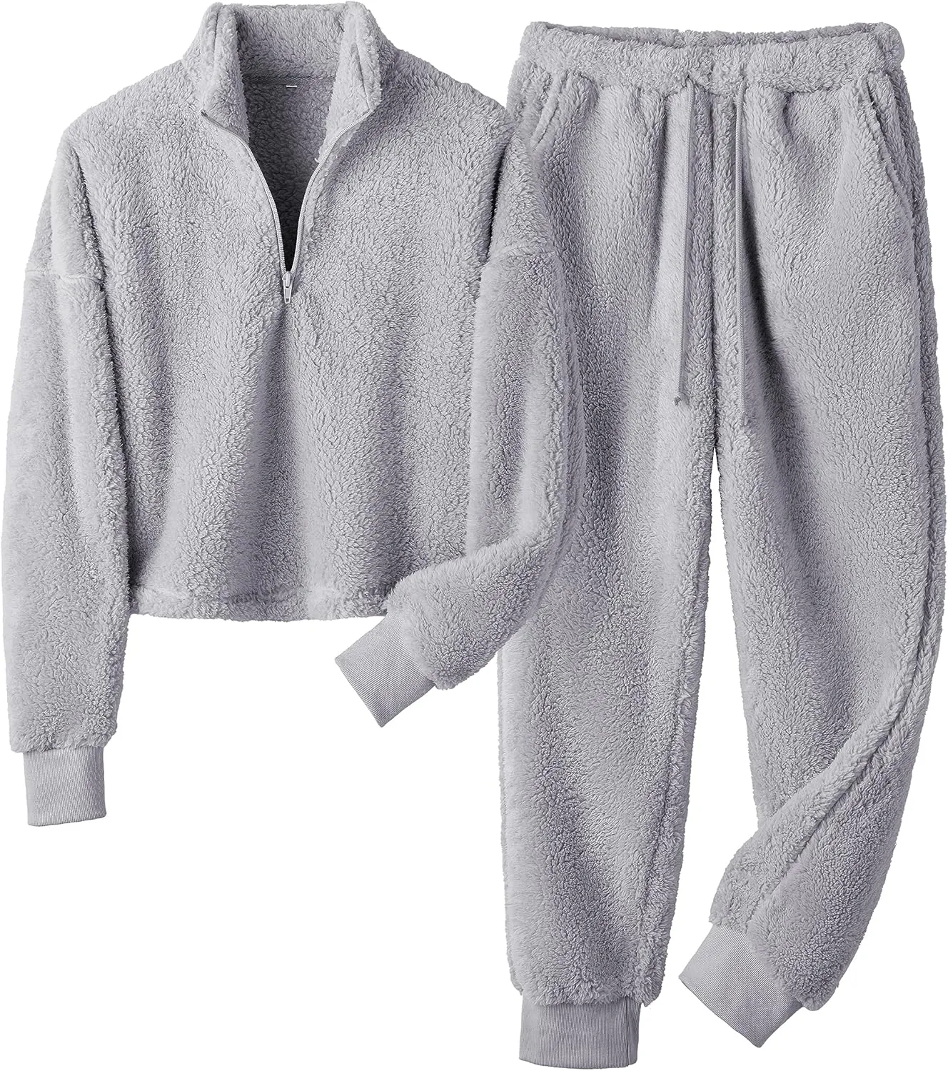 LTSCNRM Womens Fuzzy Pajamas Sets Lounge Fluffy Fleece Sleepwear Zip Up Pullover Pockets