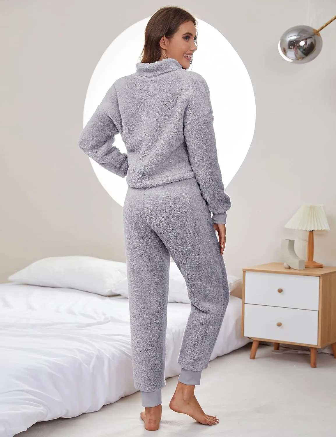 LTSCNRM Womens Fuzzy Pajamas Sets Lounge Fluffy Fleece Sleepwear Zip Up Pullover Pockets