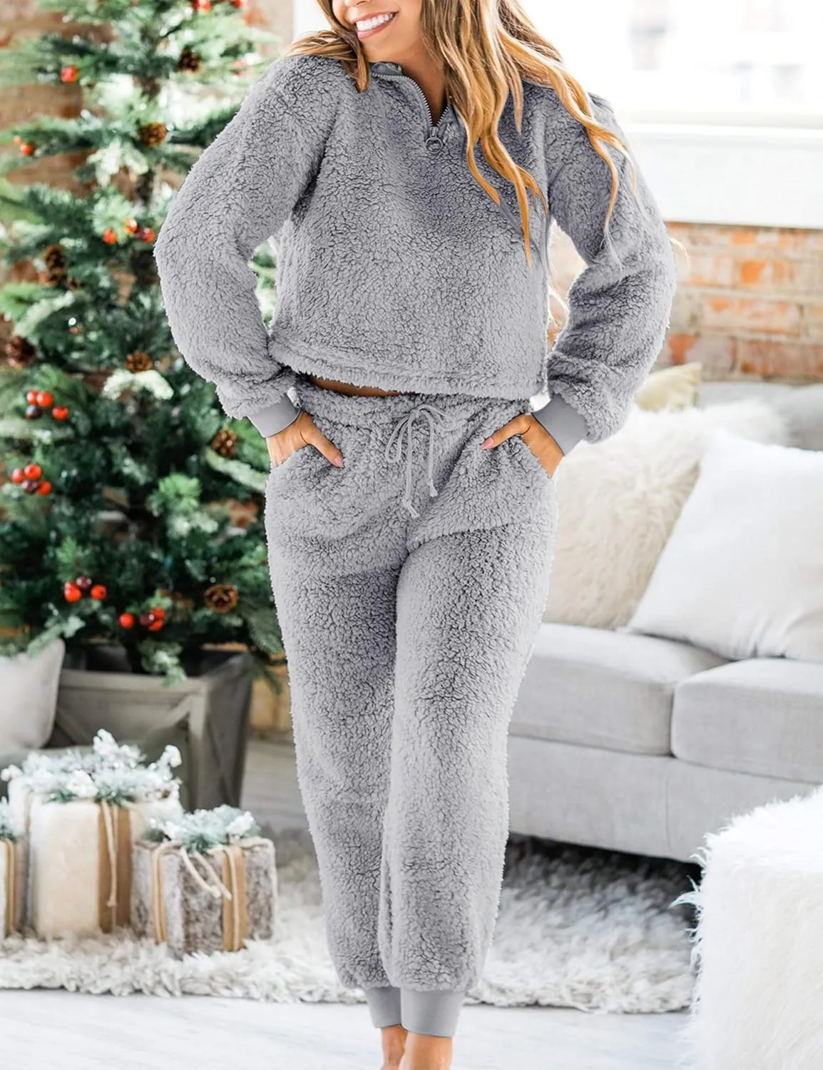 LTSCNRM Womens Fuzzy Pajamas Sets Lounge Fluffy Fleece Sleepwear Zip Up Pullover Pockets