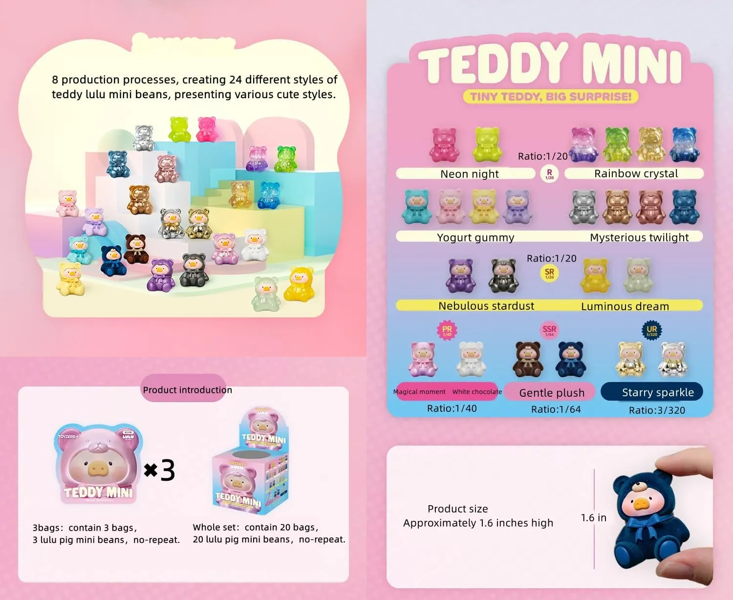 Lulu The Piggy Bear Mini Bean Blind Box Figures 3bags(3figures) Collection Blind Bags Cute Birthday Gifts