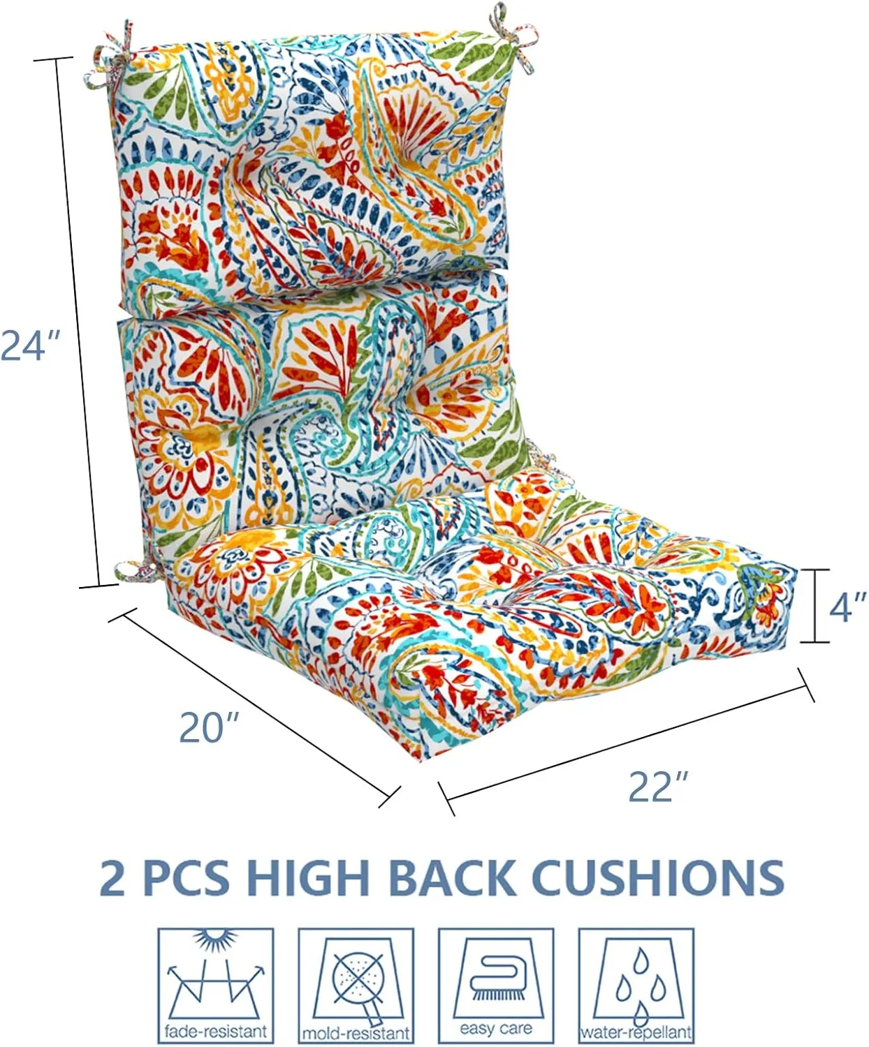 LVTXIII 2 Pack Outdoor/Indoor High Back Chair Cushions, Deep Seat Patio Seat and Back Cushion Set, Stuffed High Rebound Foam Rocking Chair Cushions, 44"x22"x4", Paisley Ummi Multi