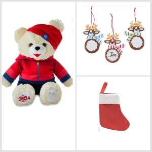 Mae Mae's Marketing, LLC Christmas 2024 Time Snowflake Teddy Bear 15 inch Collectible Plush Teddy Bear with Christmas Reindeer Ornament and Mini Stocking (Red Sweater)