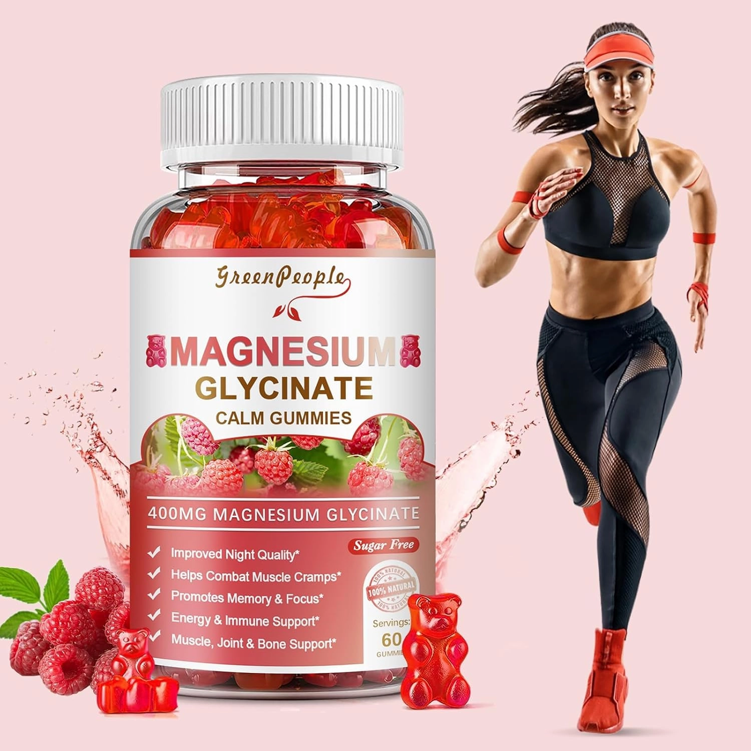 Magnesium Glycinate Gummies 400mg - Sugar Free Magnesium Potassium Supplement with Magnesium Malate, Vitamin D, B6, and CoQ10 for Calm Support & Sleep for Adults - Raspberry Gummies