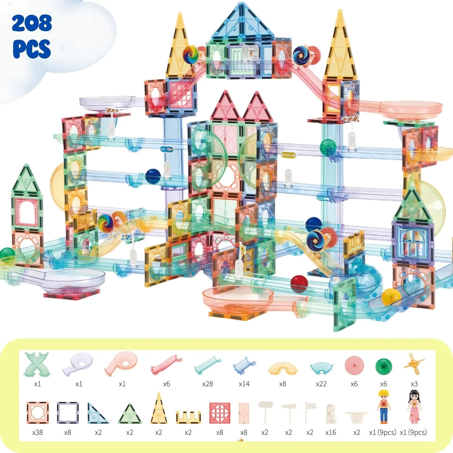 Magnetic Marble Run – 208 PCS Magnetic Tiles & Construction Blocks Set – STEM Building Toys for Boys & Girls Ages 3-9 – 3D Educational Marble Race Game – Gift for Birthdays & Classrooms