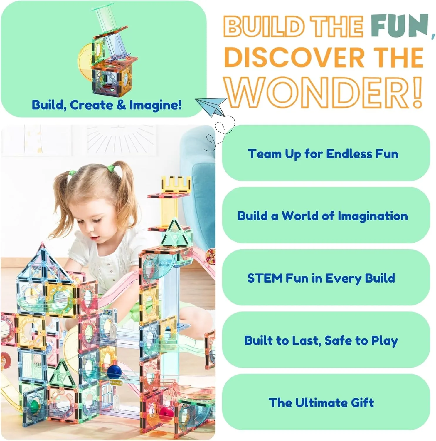 Magnetic Marble Run – 208 PCS Magnetic Tiles & Construction Blocks Set – STEM Building Toys for Boys & Girls Ages 3-9 – 3D Educational Marble Race Game – Gift for Birthdays & Classrooms