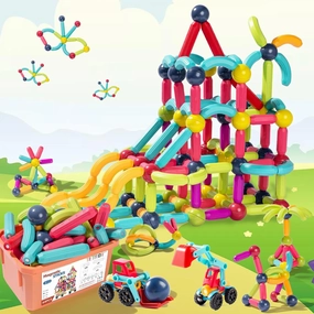 Magnetic Blocks Kids Toys, 64Pcs Magnetic Building Sticks STEM Educational Sensory Toy Preschool Learning Montessori Toys for Toddlers Boys Girls Ages 3-8 with 2 Cars