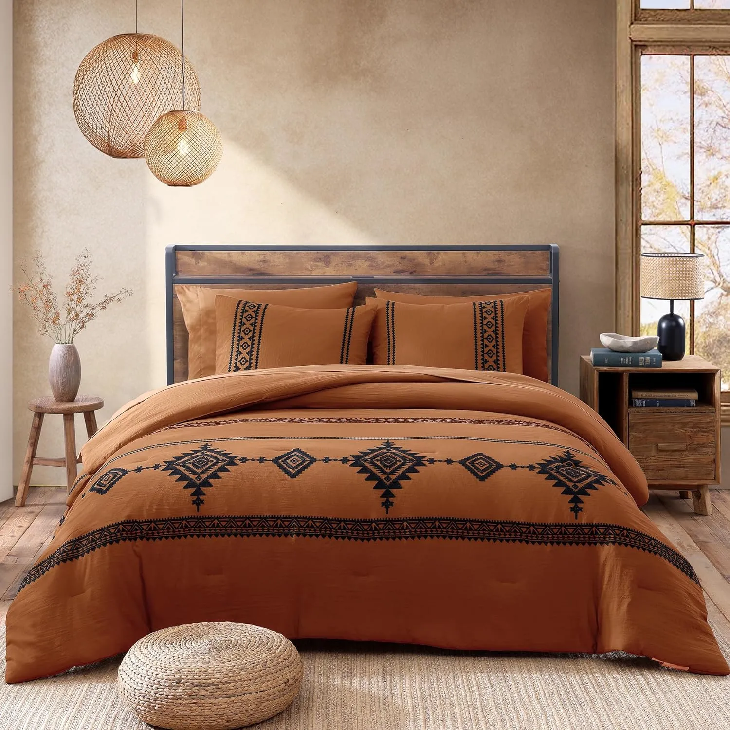 MAIREVE Burnt Orange Embroidery Comforters Set Queen Size - 7 Pieces, Farmhouse Western Bedding All Season, Bed in A Bag Queen Boho Comforter Set with Sheets, Pillowcases & Shams