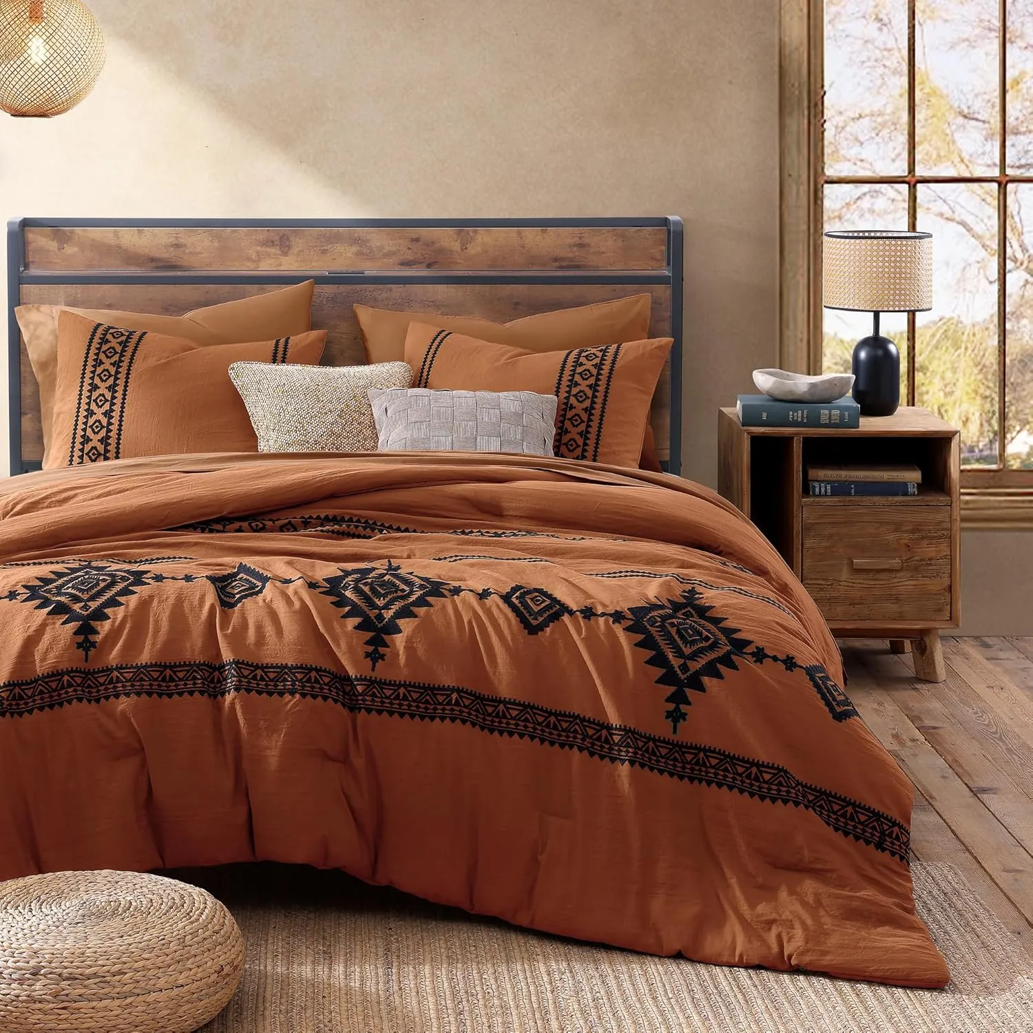 MAIREVE Burnt Orange Embroidery Comforters Set Queen Size - 7 Pieces, Farmhouse Western Bedding All Season, Bed in A Bag Queen Boho Comforter Set with Sheets, Pillowcases & Shams