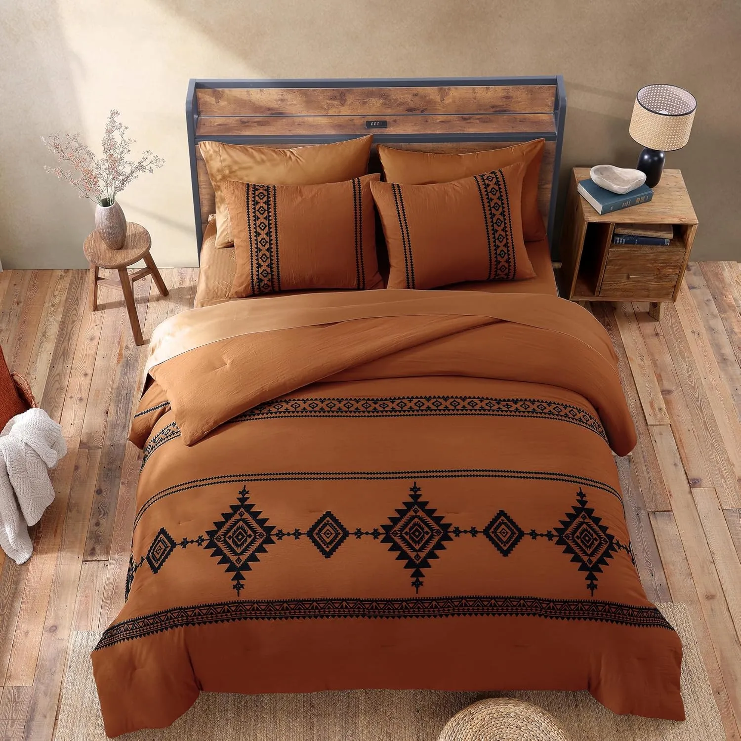 MAIREVE Burnt Orange Embroidery Comforters Set Queen Size - 7 Pieces, Farmhouse Western Bedding All Season, Bed in A Bag Queen Boho Comforter Set with Sheets, Pillowcases & Shams