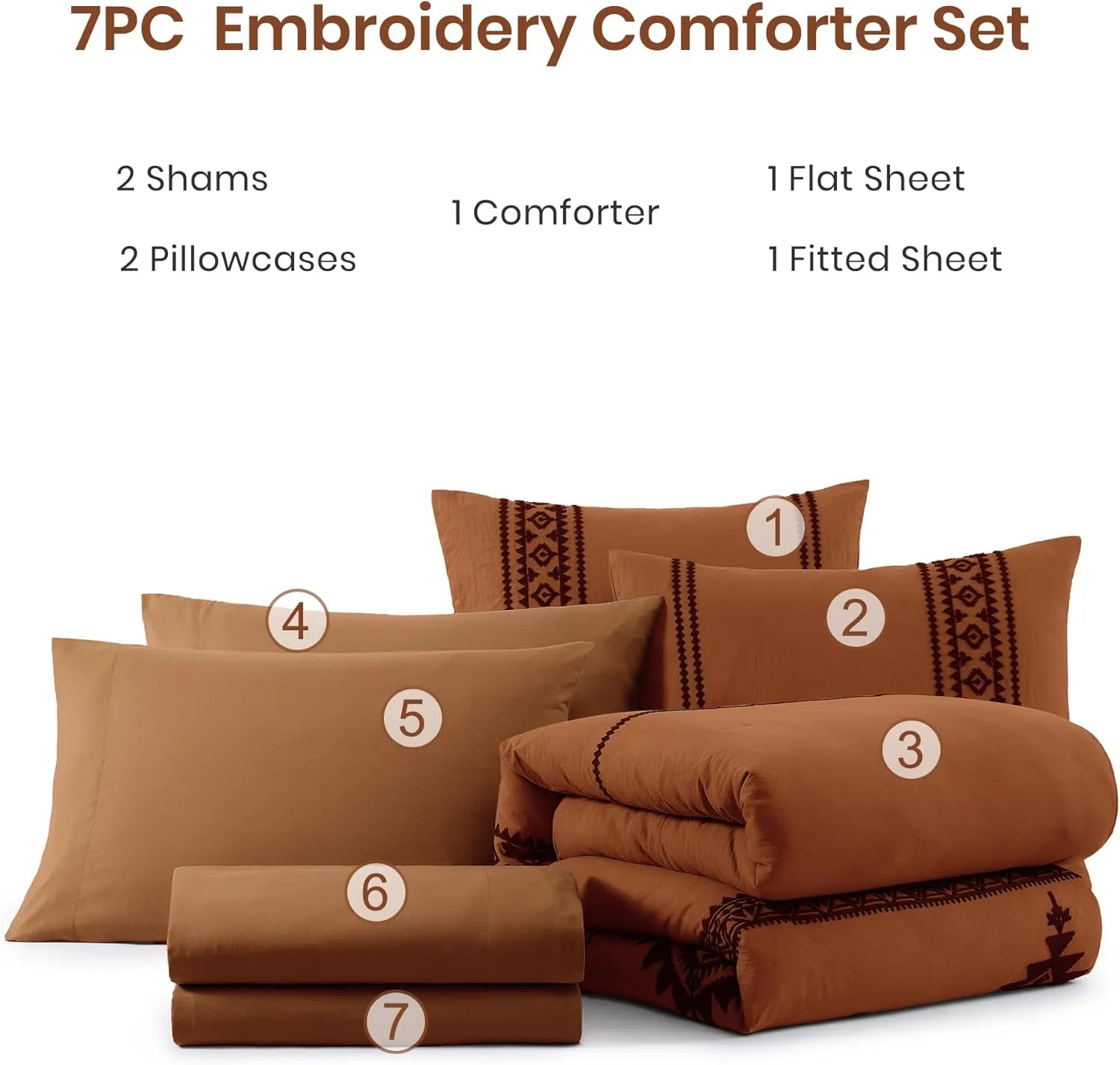 MAIREVE Burnt Orange Embroidery Comforters Set Queen Size - 7 Pieces, Farmhouse Western Bedding All Season, Bed in A Bag Queen Boho Comforter Set with Sheets, Pillowcases & Shams