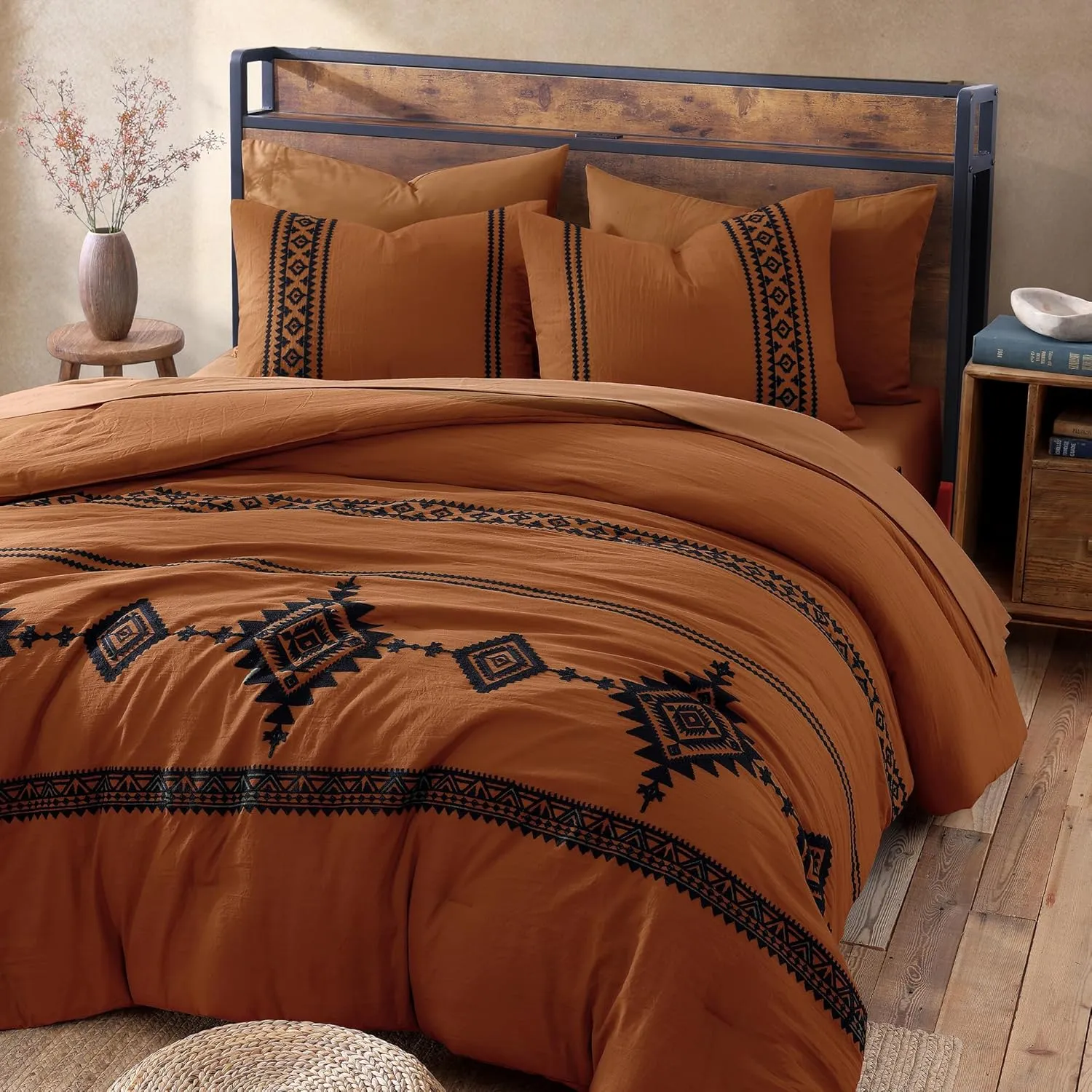 MAIREVE Burnt Orange Embroidery Comforters Set Queen Size - 7 Pieces, Farmhouse Western Bedding All Season, Bed in A Bag Queen Boho Comforter Set with Sheets, Pillowcases & Shams