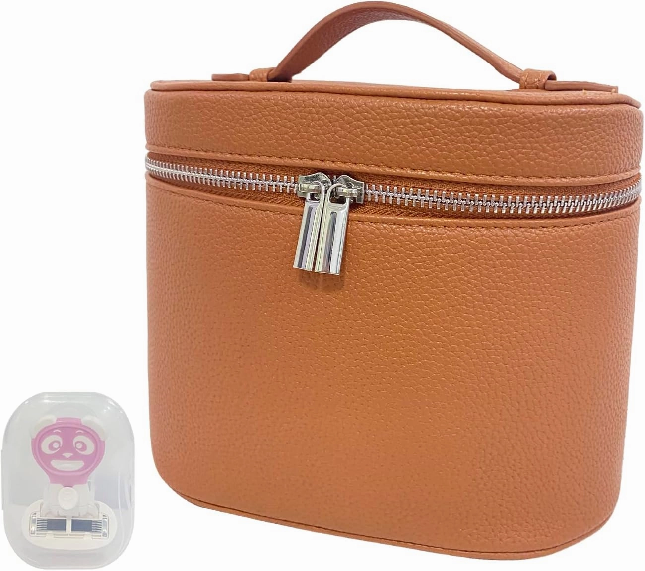 Makeup Bag Cosmetic Vanity Case -Leather Portable Toiletry with Removable Divider Travel Organizer Bag with Travel Razors for Women (Brown)