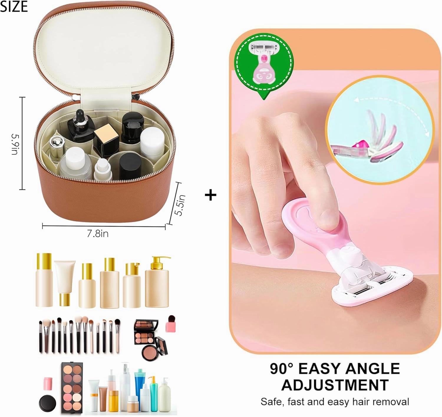 Makeup Bag Cosmetic Vanity Case -Leather Portable Toiletry with Removable Divider Travel Organizer Bag with Travel Razors for Women (Brown)