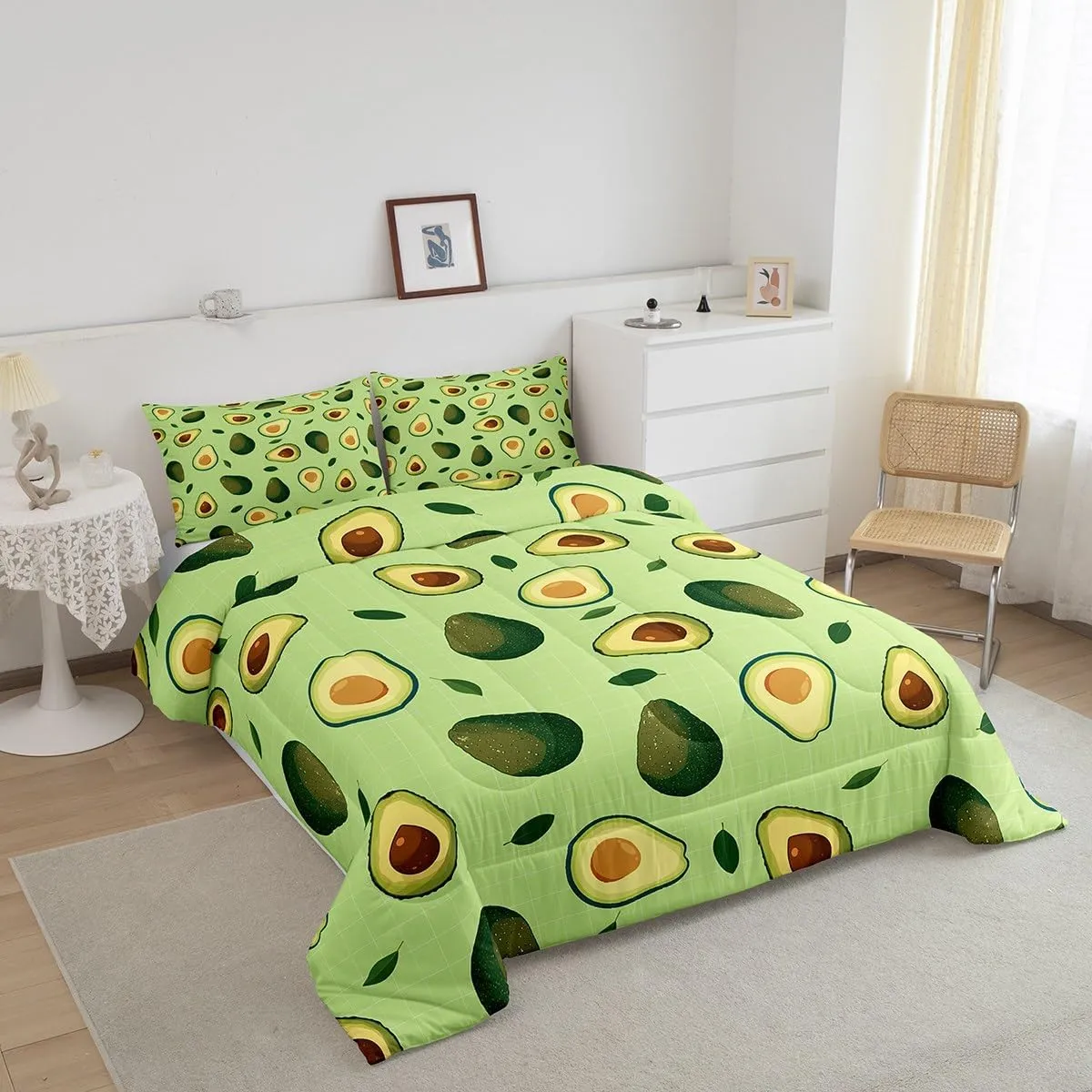 Manfei Fruits Theme Comforter Set Queen Size, Green Avocado Bedding Set 3pcs for Kids Boys Girls Room Decor, Plaid Grid Print Quilt Set with 2 Pillowcases