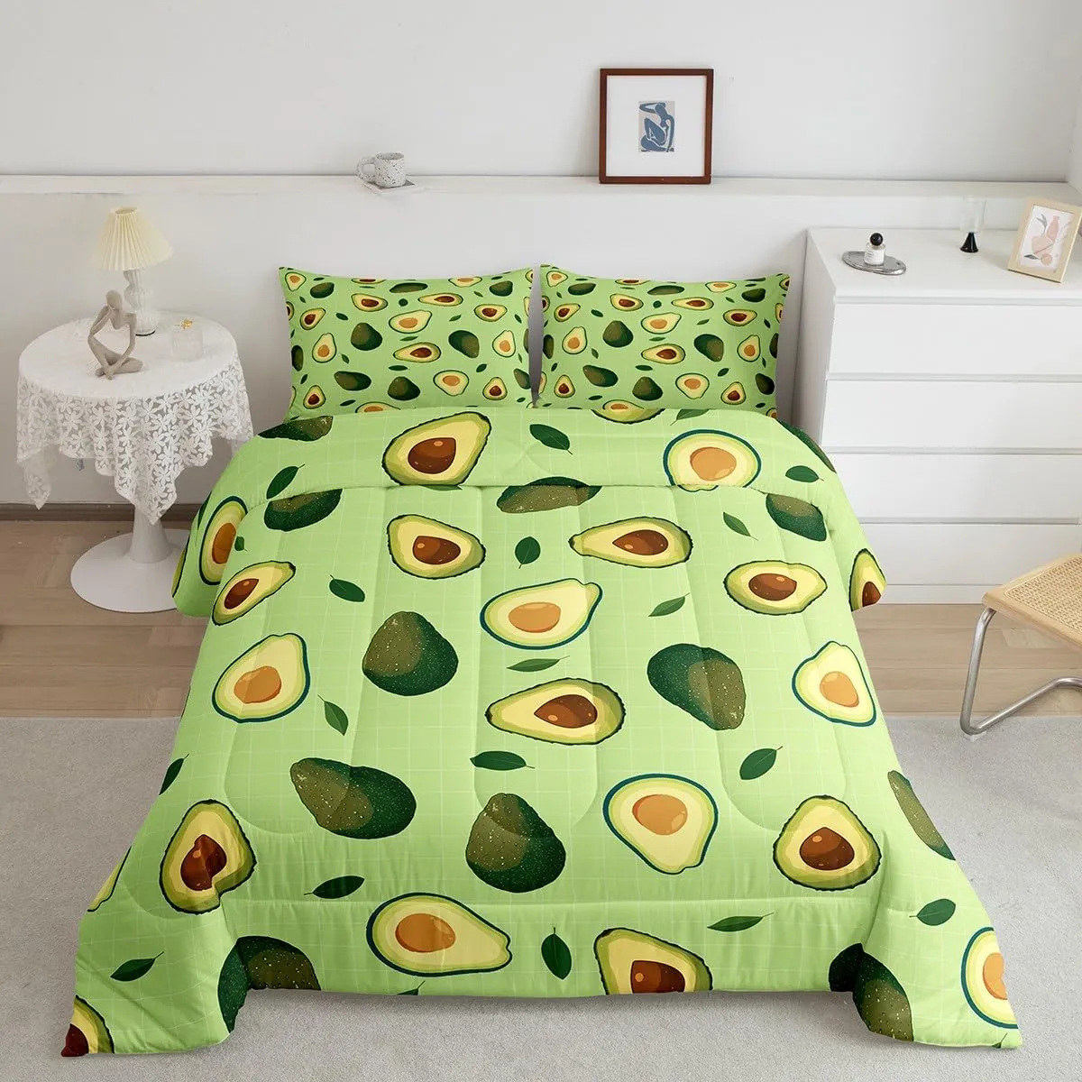 Manfei Fruits Theme Comforter Set Queen Size, Green Avocado Bedding Set 3pcs for Kids Boys Girls Room Decor, Plaid Grid Print Quilt Set with 2 Pillowcases