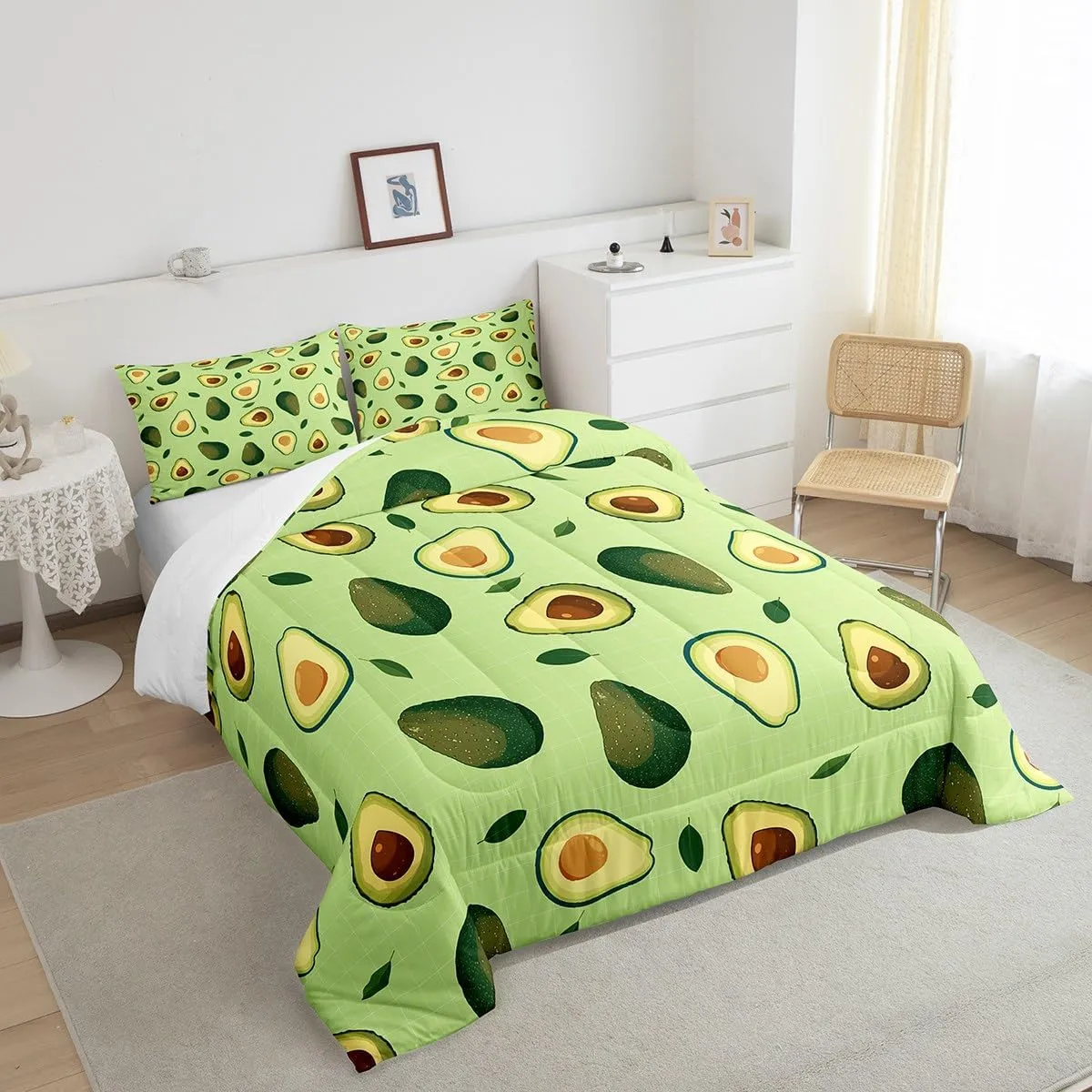 Manfei Fruits Theme Comforter Set Queen Size, Green Avocado Bedding Set 3pcs for Kids Boys Girls Room Decor, Plaid Grid Print Quilt Set with 2 Pillowcases