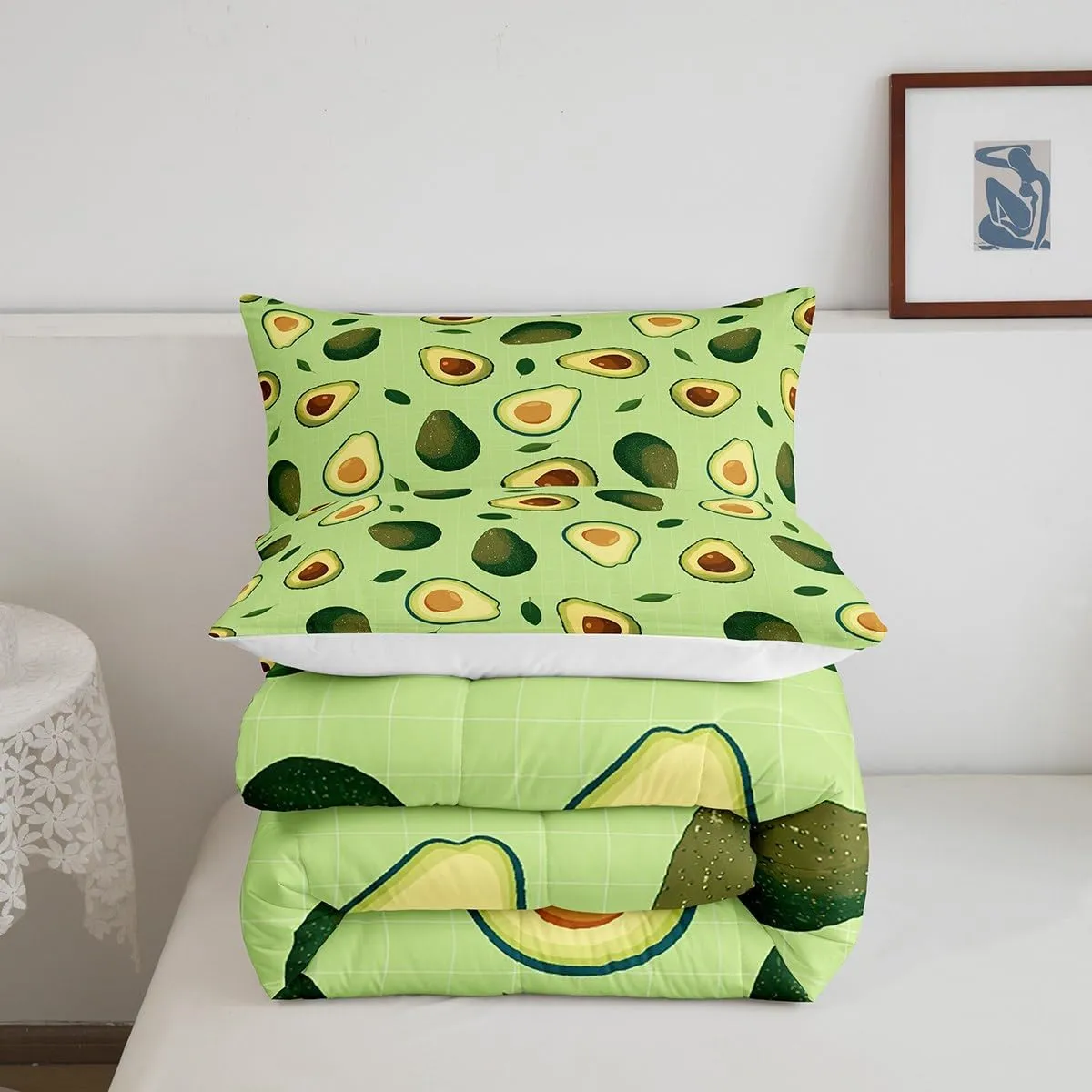 Manfei Fruits Theme Comforter Set Queen Size, Green Avocado Bedding Set 3pcs for Kids Boys Girls Room Decor, Plaid Grid Print Quilt Set with 2 Pillowcases