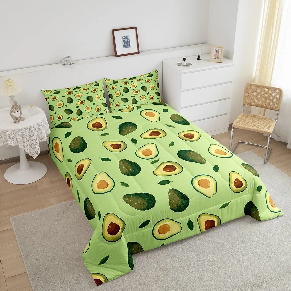 Manfei Fruits Theme Comforter Set Queen Size, Green Avocado Bedding Set 3pcs for Kids Boys Girls Room Decor, Plaid Grid Print Quilt Set with 2 Pillowcases