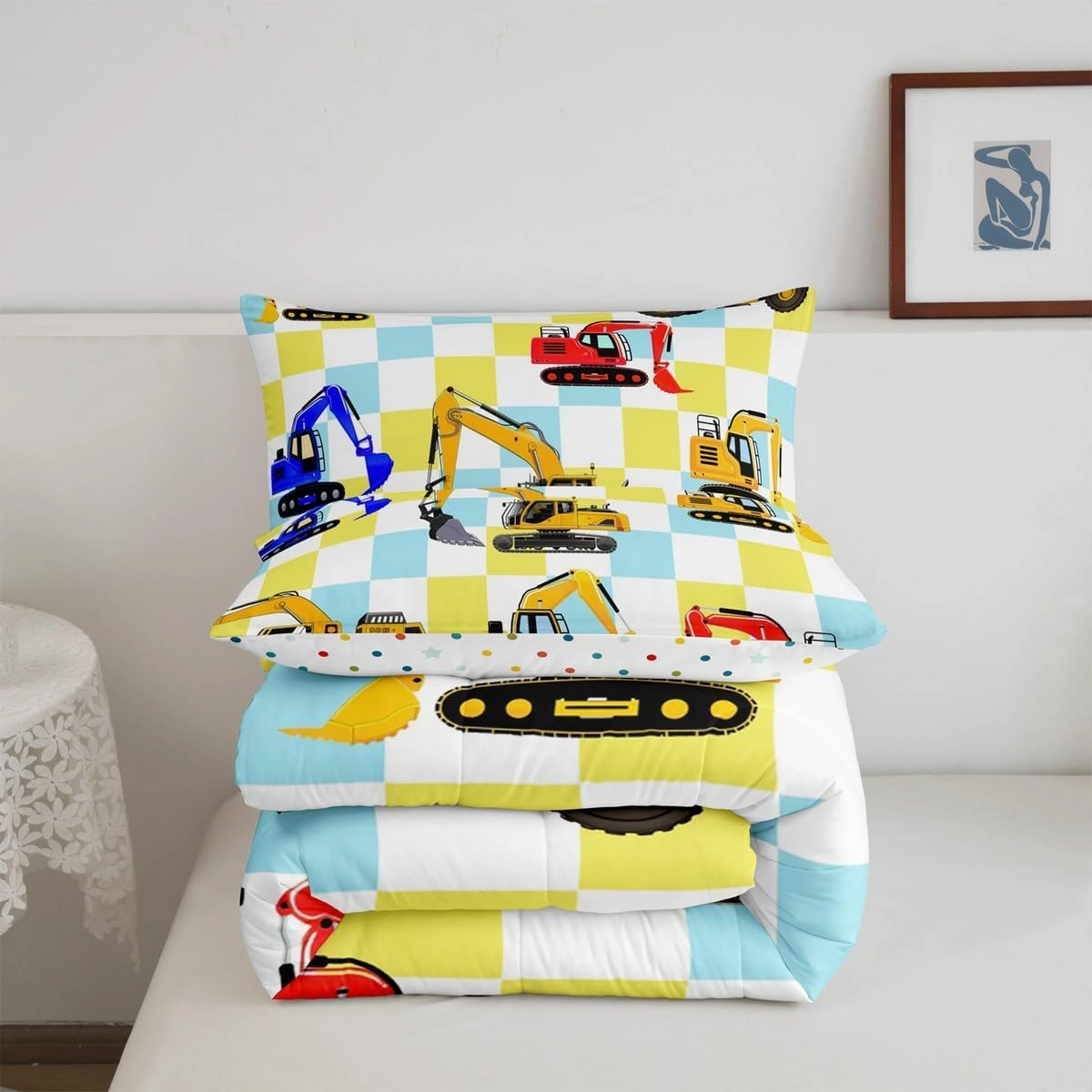 Manfei Cartoon Cars Comforter Set Toddler Size,Cute Excavator Equipment Construction Vehicles Bedding Set 2 Pcs for Boys Girls,Geometric Teal Blue Checker Plaids Comforter,1 Pillowcase