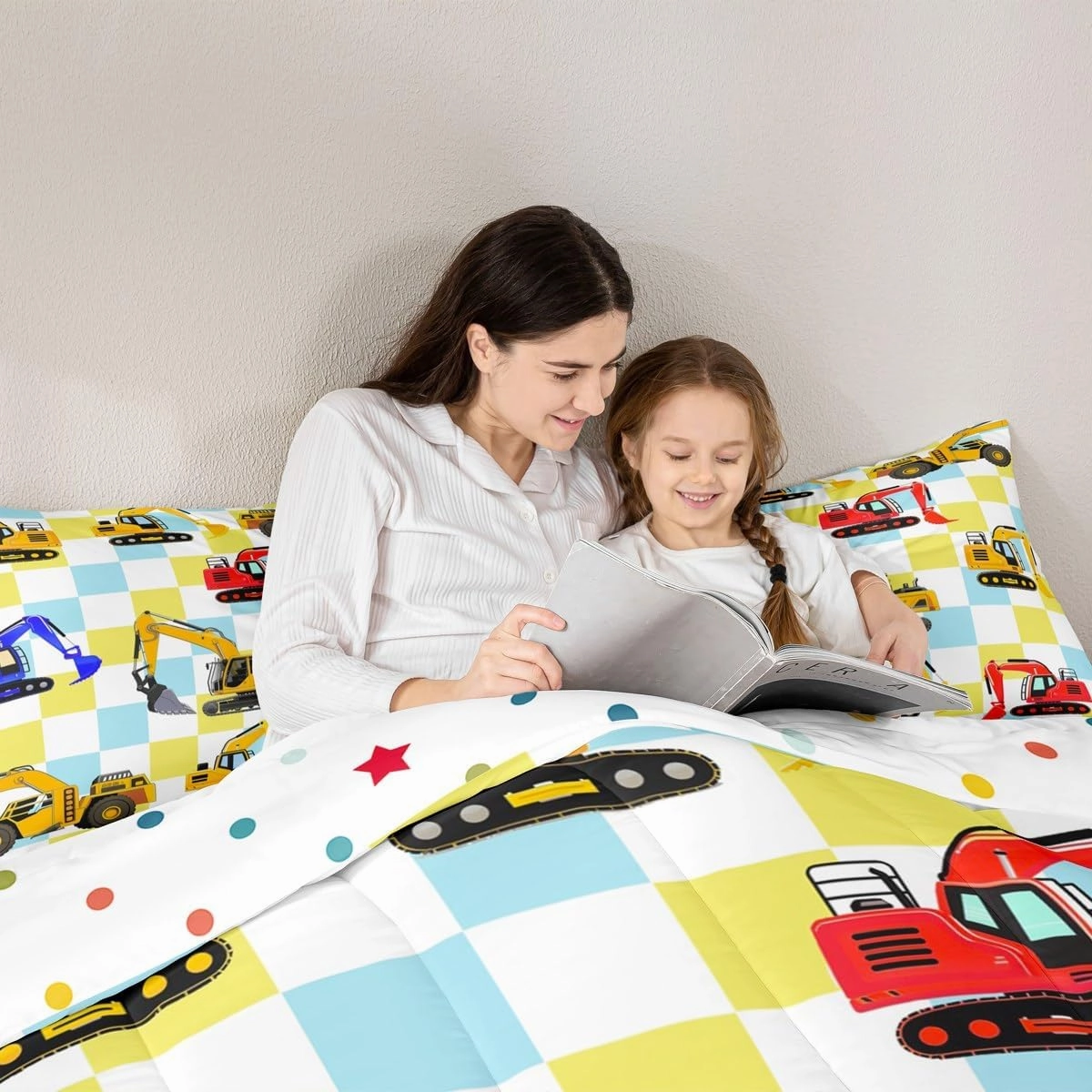 Manfei Cartoon Cars Comforter Set Toddler Size,Cute Excavator Equipment Construction Vehicles Bedding Set 2 Pcs for Boys Girls,Geometric Teal Blue Checker Plaids Comforter,1 Pillowcase