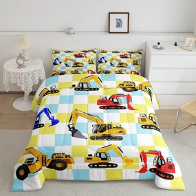 Manfei Cartoon Cars Comforter Set Toddler Size,Cute Excavator Equipment Construction Vehicles Bedding Set 2 Pcs for Boys Girls,Geometric Teal Blue Checker Plaids Comforter,1 Pillowcase